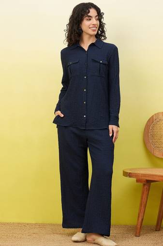 Blue self-designed collar shirt with trousers co-ords