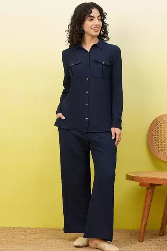 Blue self-designed collar shirt with trousers co-ords