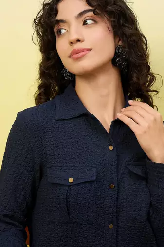Blue self-designed collar shirt with trousers co-ords