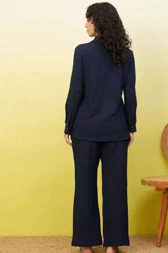 Blue self-designed collar shirt with trousers co-ords