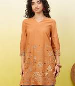Orange women ethnic motifs embroidered thread work kurta