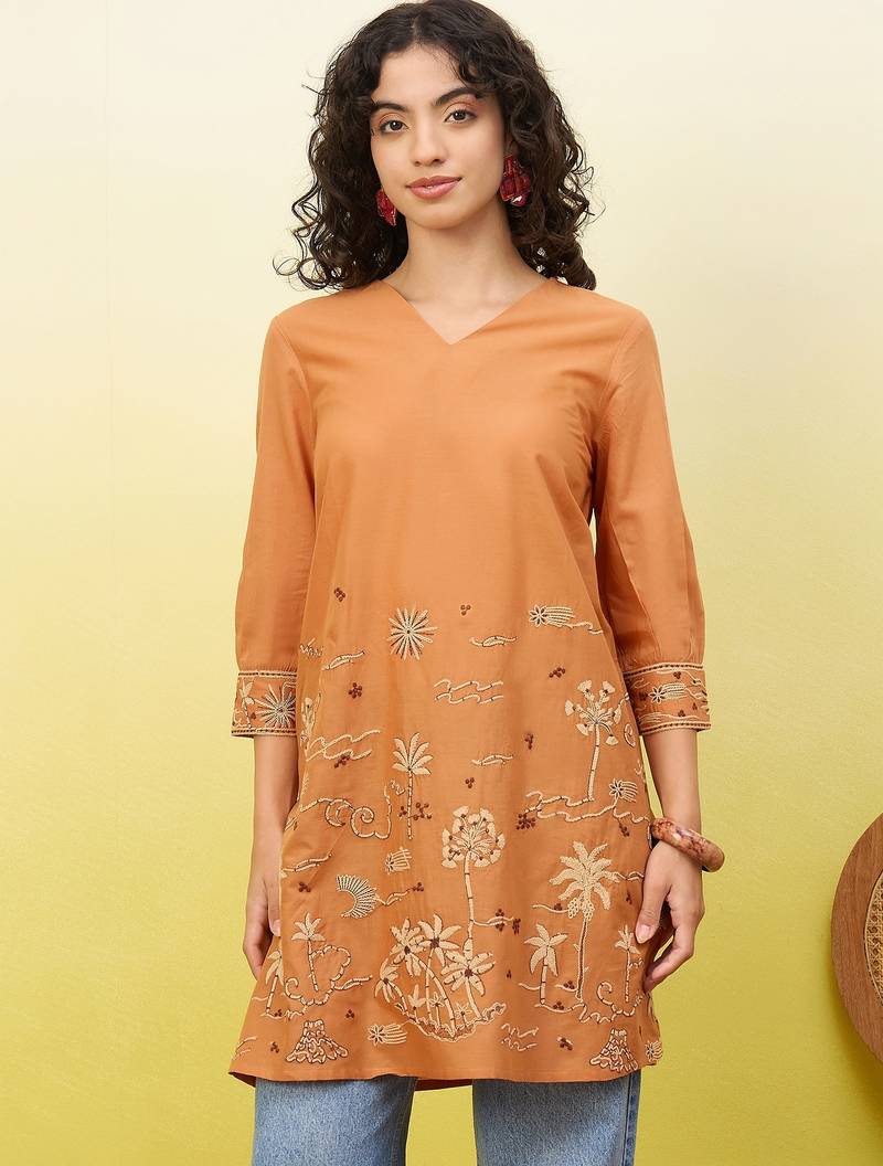 Orange women ethnic motifs embroidered thread work kurta
