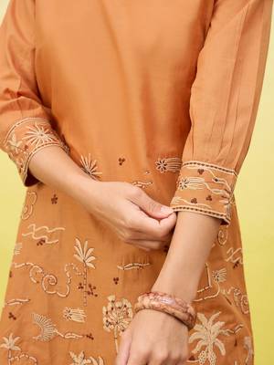 Orange women ethnic motifs embroidered thread work kurta 3