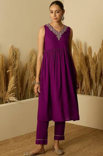 Purple women floral embroidered a-line kurta with trousers