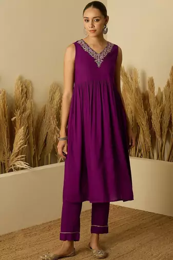 Purple women floral embroidered a-line kurta with trousers