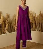 Purple women floral embroidered a-line kurta with trousers