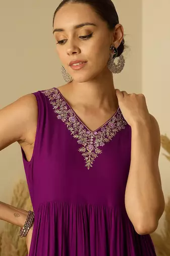 Purple women floral embroidered a-line kurta with trousers