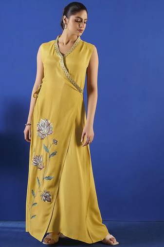 Yellow women fit and flare midi/calf length dress