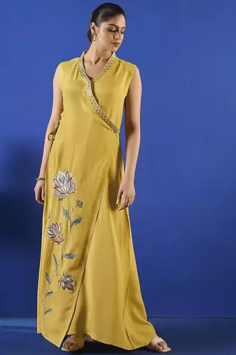 Yellow women fit and flare midi/calf length dress