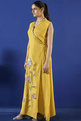 Yellow women fit and flare midi/calf length dress