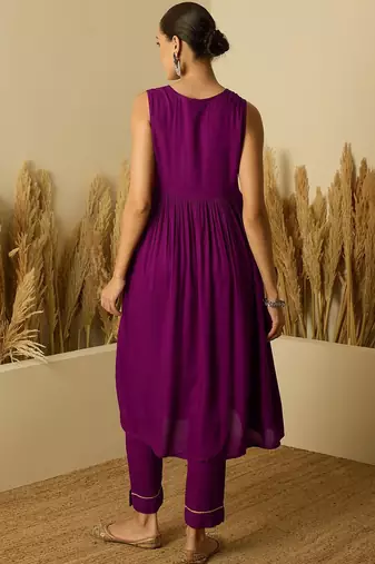 Purple women floral embroidered a-line kurta with trousers