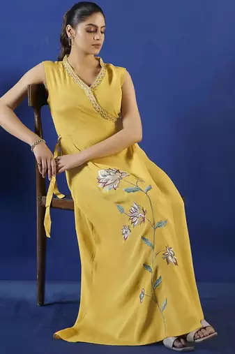 Yellow women fit and flare midi/calf length dress
