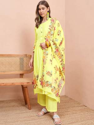 Floral printed pure cotton round neck a-line kurta& trousers with dupatta 1