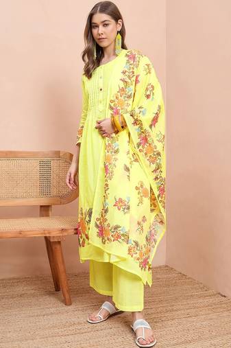 Floral printed pure cotton round neck a-line kurta& trousers with dupatta