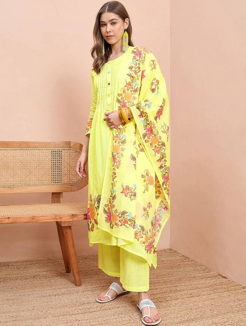 Floral printed pure cotton round neck a-line kurta& trousers with dupatta