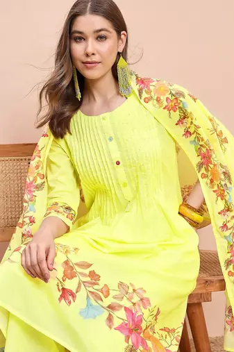 Floral printed pure cotton round neck a-line kurta& trousers with dupatta