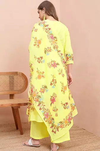 Floral printed pure cotton round neck a-line kurta& trousers with dupatta