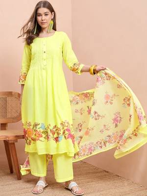 Floral printed pure cotton round neck a-line kurta& trousers with dupatta 4
