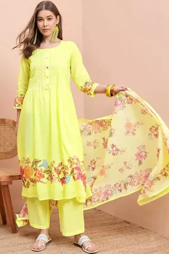 Floral printed pure cotton round neck a-line kurta& trousers with dupatta
