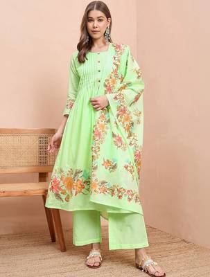 Floral printed pure cotton round neck a-line kurta& trousers with dupatta 1