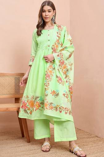 Floral printed pure cotton round neck a-line kurta& trousers with dupatta