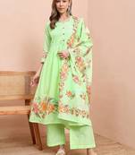Floral printed pure cotton round neck a-line kurta& trousers with dupatta
