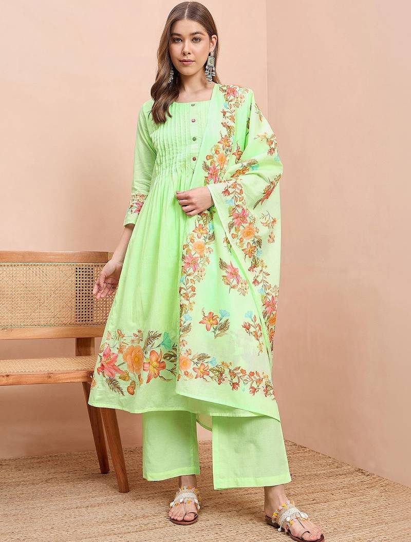 Floral printed pure cotton round neck a-line kurta& trousers with dupatta