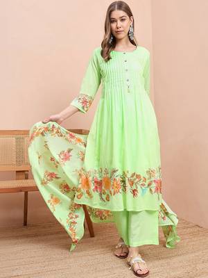 Floral printed pure cotton round neck a-line kurta& trousers with dupatta 2