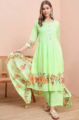 Floral printed pure cotton round neck a-line kurta& trousers with dupatta