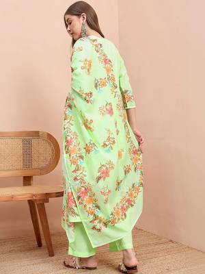Floral printed pure cotton round neck a-line kurta& trousers with dupatta 3