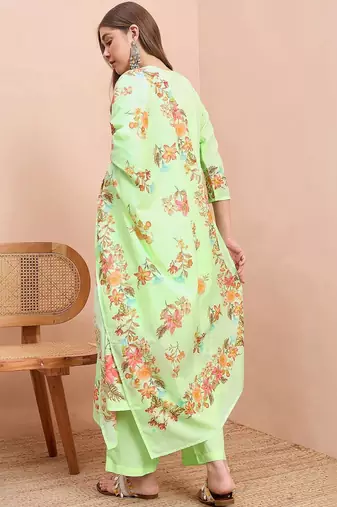 Floral printed pure cotton round neck a-line kurta& trousers with dupatta