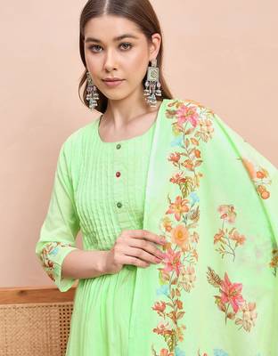 Floral printed pure cotton round neck a-line kurta& trousers with dupatta 4