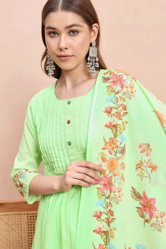 Floral printed pure cotton round neck a-line kurta& trousers with dupatta