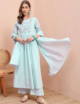 Embroidered pure cotton round neck a-line kurta & trousers with dupatta 1