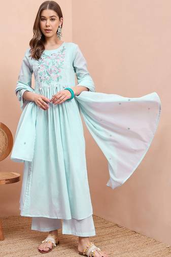 Embroidered pure cotton round neck a-line kurta & trousers with dupatta