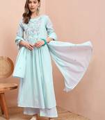 Embroidered pure cotton round neck a-line kurta & trousers with dupatta