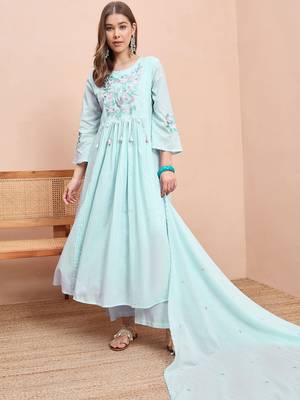 Embroidered pure cotton round neck a-line kurta & trousers with dupatta 2