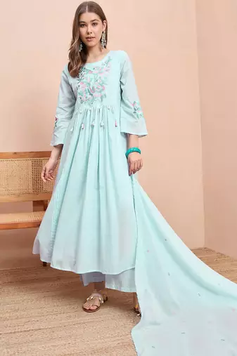 Embroidered pure cotton round neck a-line kurta & trousers with dupatta