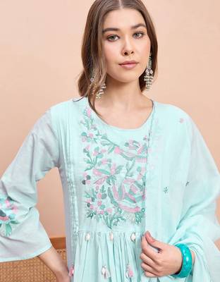 Embroidered pure cotton round neck a-line kurta & trousers with dupatta 3