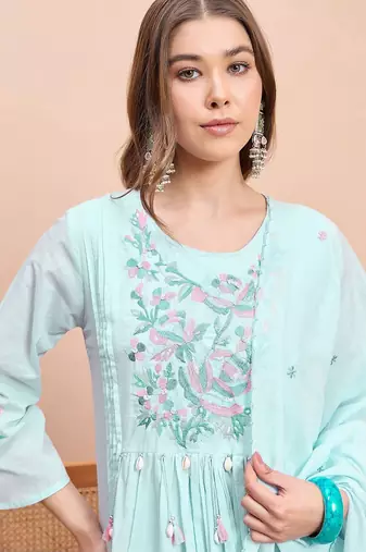 Embroidered pure cotton round neck a-line kurta & trousers with dupatta