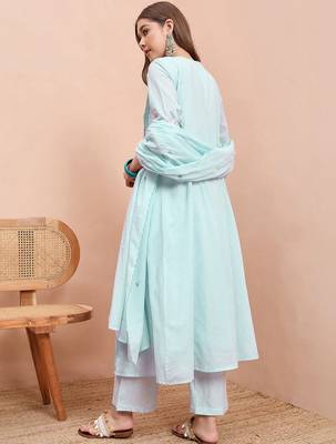 Embroidered pure cotton round neck a-line kurta & trousers with dupatta 4