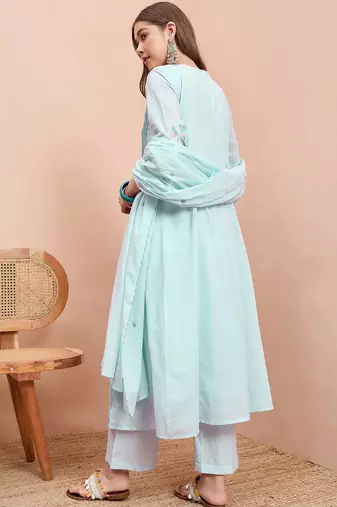 Embroidered pure cotton round neck a-line kurta & trousers with dupatta