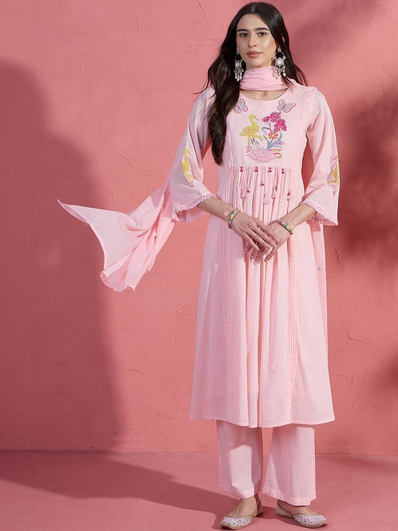 Embroidered pure cotton round neck kurta & trousers with dupatta