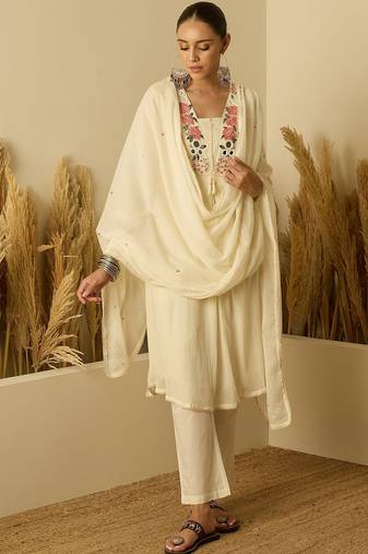 Women white pure cotton kurta pant dupatta set