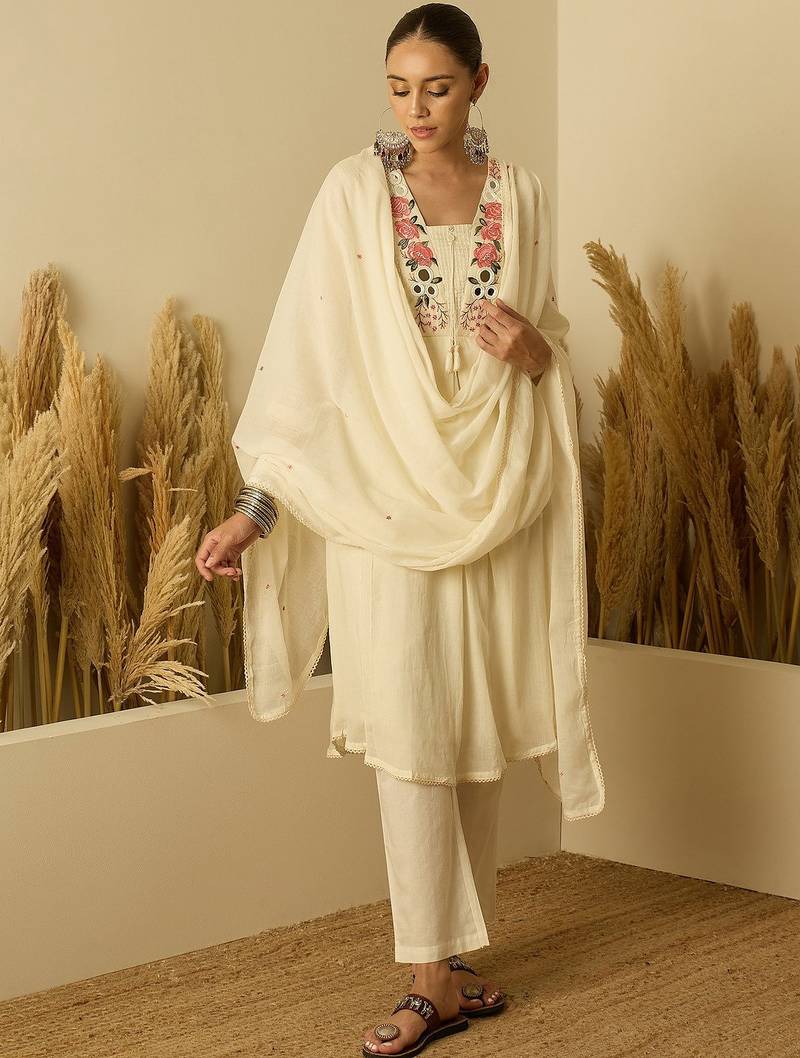 Women white pure cotton kurta pant dupatta set