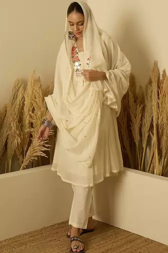 Women white pure cotton kurta pant dupatta set