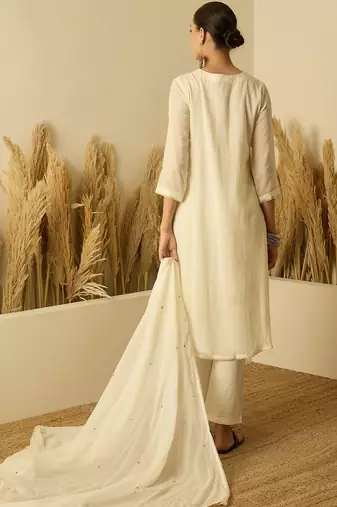 Women white pure cotton kurta pant dupatta set