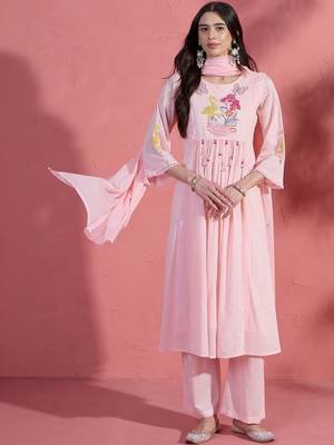 Floral yoke design v-neck a-line pure cotton kurta with trousers & dupatta 1