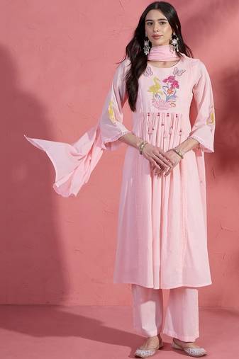 Floral yoke design v-neck a-line pure cotton kurta with trousers & dupatta