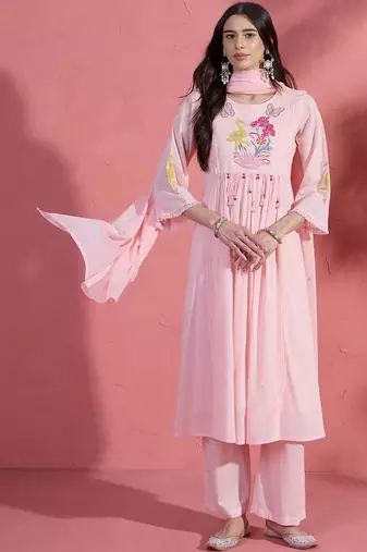 Floral yoke design v-neck a-line pure cotton kurta with trousers & dupatta